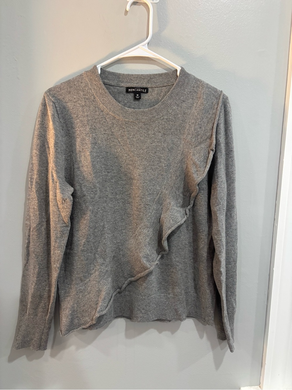 J. Crew Mercantile Gray Wool Blend Asymetrical Ruffle Sweater Size M